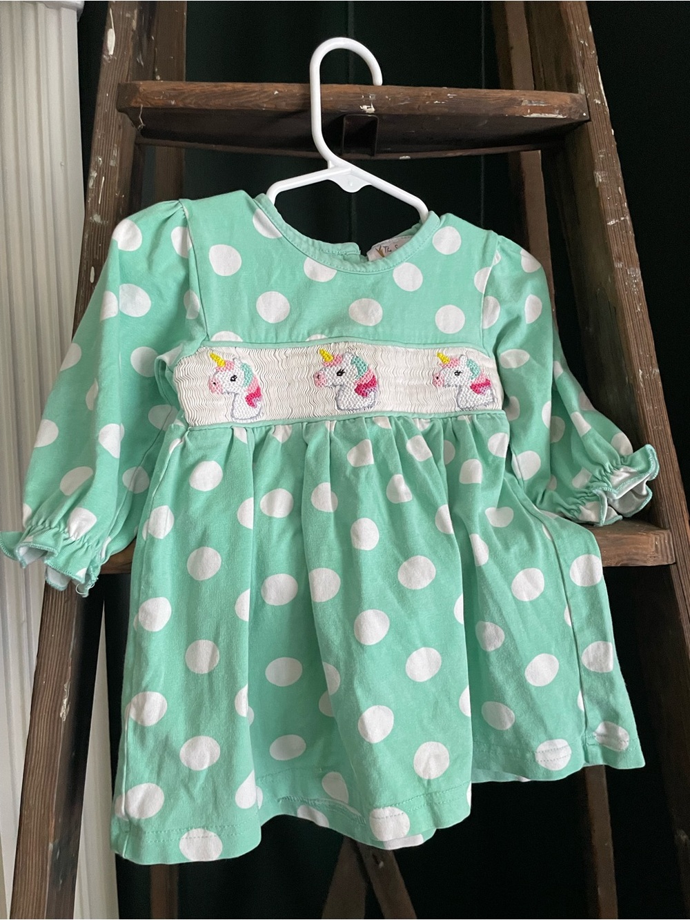 Mint Green Polka Dot Baby Dress with Unicorn Smocking